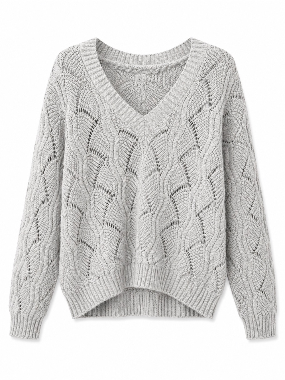 SHEIN Light Gray Open-Knit V-Neck Sweater | Size Small | NWOT